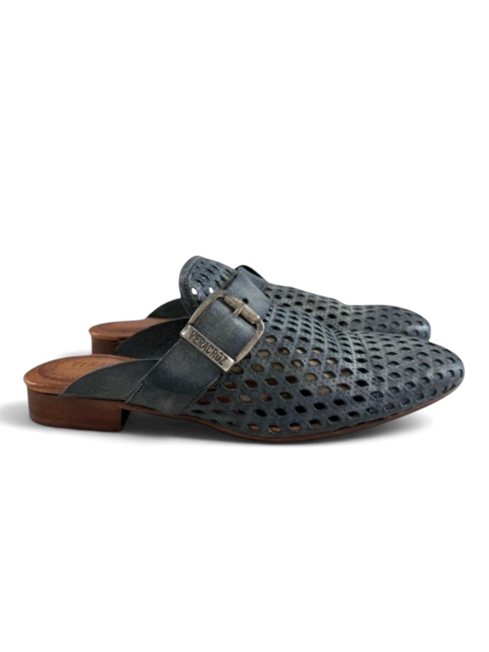 Veracruz Lasercut Leather Buckle Slip-On Mules Size 37/ US 6.5